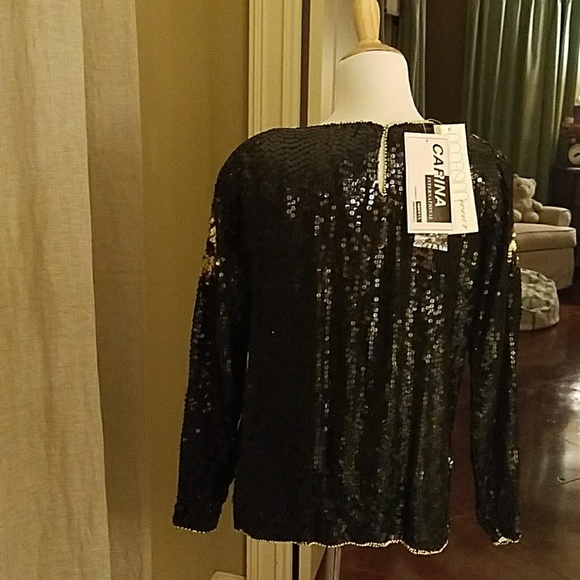 NWT vintage black sequined long sleeve blouse - Picture 3 of 5
